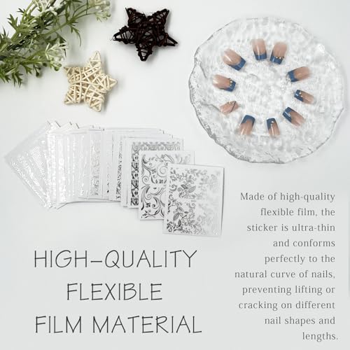 Silver Lace Floral Nail Stickers Set - 30 Self-Adhesive Flower Decals