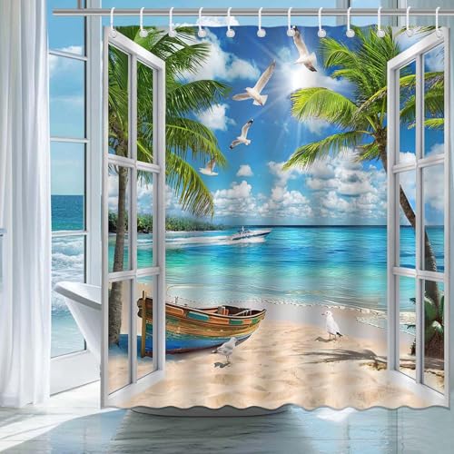 Summer Beach Shower Curtain - Waterproof 72x72 Inch with Hooks