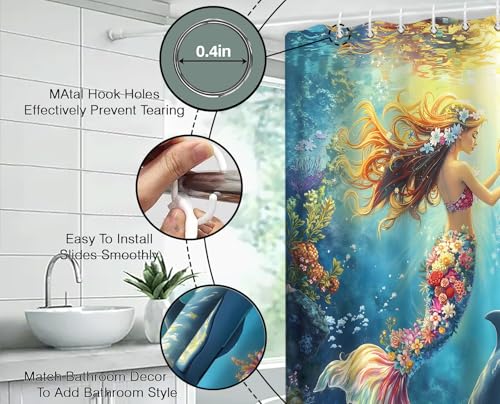 Ocean Mermaid Shower Curtain - 70" x 70" Floral Underwater Decor