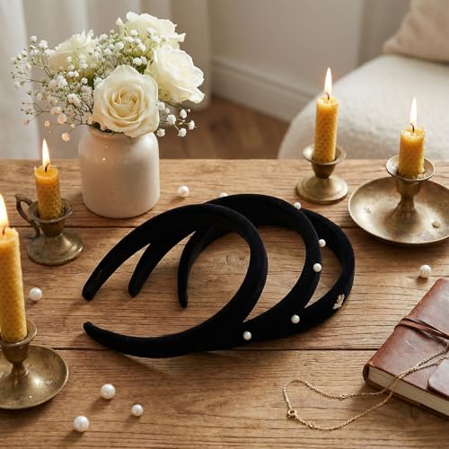 Black Velvet Headbands for Women 3-Piece Set with Pearl and Bee