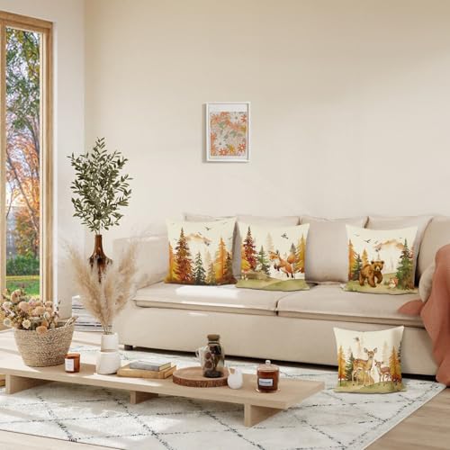 Bonhause Fall Forest Throw Pillow Covers 18x18, Woodland Animal Set of 4