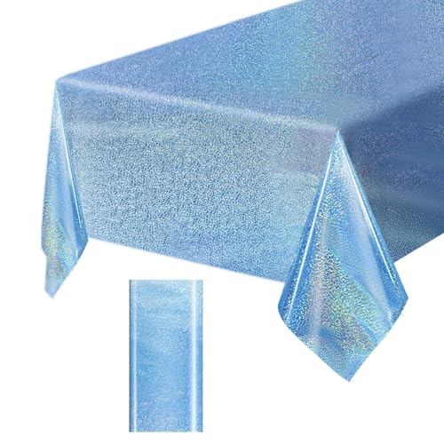 Light Blue Iridescent Plastic Tablecloth - 54 x 108 Inch Disposable Glitz Party Cover, FALIZIFU