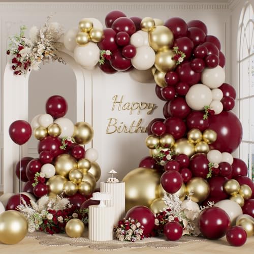 Burgundy Balloon Arch Kit - 165 Pcs with Gold & White Balloons