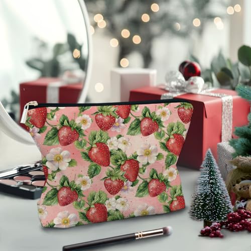 BARPERY Floral Strawberry Makeup Bag - Cute Linen Travel Cosmetic Pouch