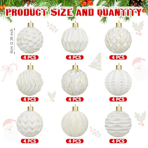 Christmas Ball Ornaments Set - Vintage White-Gold Farmhouse Style, 36 pcs