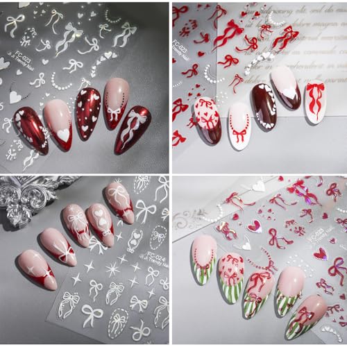 4 Sheets 3D Bow and Heart Nail Art Stickers, Self-Adhesive Y2K Nail Decals