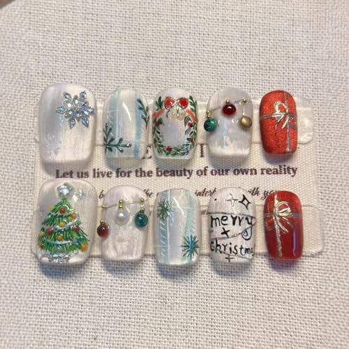 Lukmexor Christmas Press On Nails Short Square Glitter False Nails with 3D Snowflake and Gold Bow