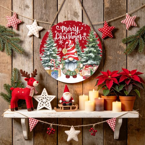 Christmas Gnome Welcome Sign - Merry Christmas Wooden Door Hanger, 12x12 Inch Porch Decor