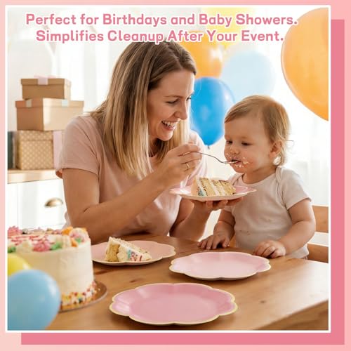 60 Pcs Pink Paper Plates - 7 Inch Gradient with Gold Edge