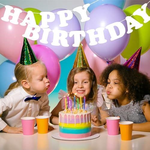 Happy Birthday Banner Garland for Kids - White Party Decoration