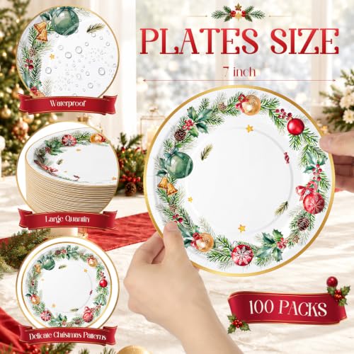 Christmas Paper Plates 100 Pcs 7 Inch White-Gold Wreath Design - Holiday Party Tableware