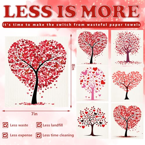 Whaline 6 Pcs Valentine's Day Dishcloths - Heart Tree Design, 7x8 Inch