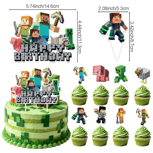 Green Pixel Miner Style Birthday Cake Toppers - 25 Pcs Party Supplies