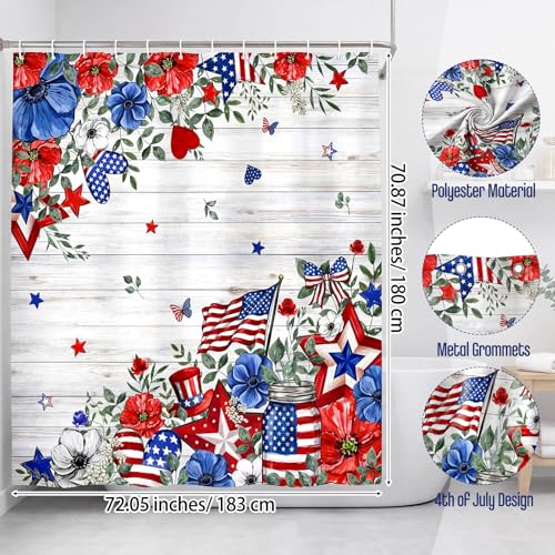 4th of July Shower Curtain - Patriotic American Flag Decor, 72 x 71 Inch with Hooks