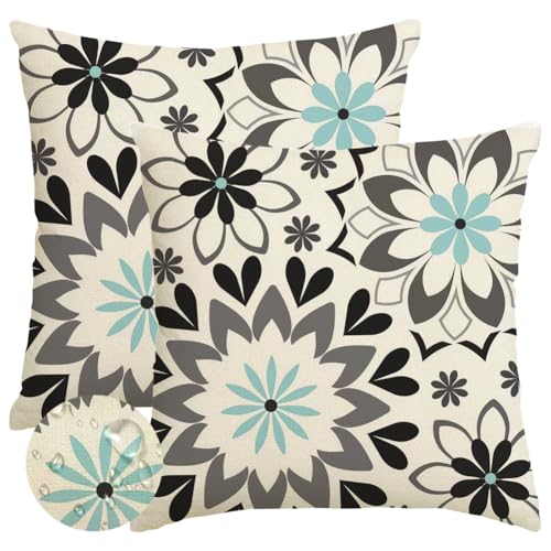 Waterproof 18x18 Inch Outdoor Pillow Covers Set of 2 - Black & Gray Floral