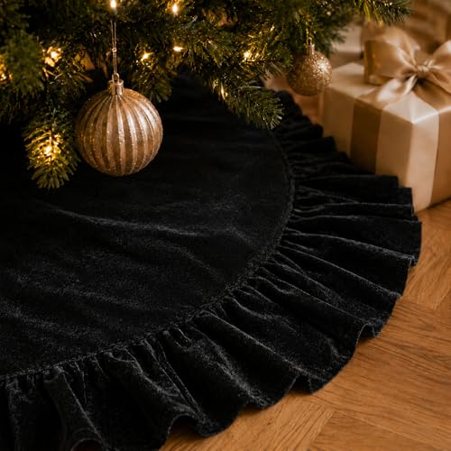 122cm Black Velvet Christmas Tree Skirt with Ruffled Edge and Bow Ties - Modern Holiday Decor