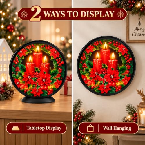 Christmas Candles - No Music Lighted Holiday Centerpiece with Poinsettia & Candle Design - Wall & Tabletop Decor