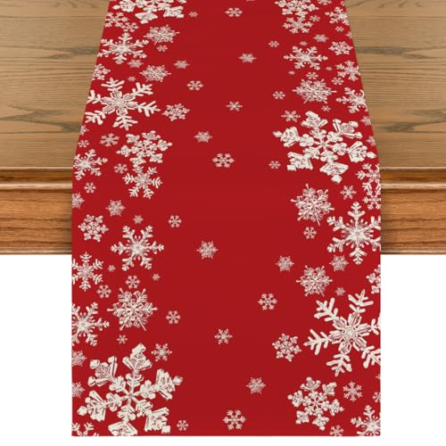 Snowflake Winter Table Runner 13x72 Inch Home Decor Party Tablecloth - Red