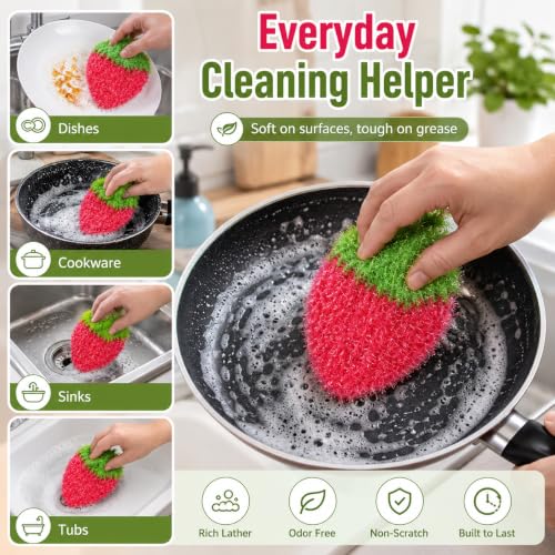 Rose Red Strawberry-Shaped Dish Scrubber - Non-Scratch Reusable Kitchen Cleaning Tool