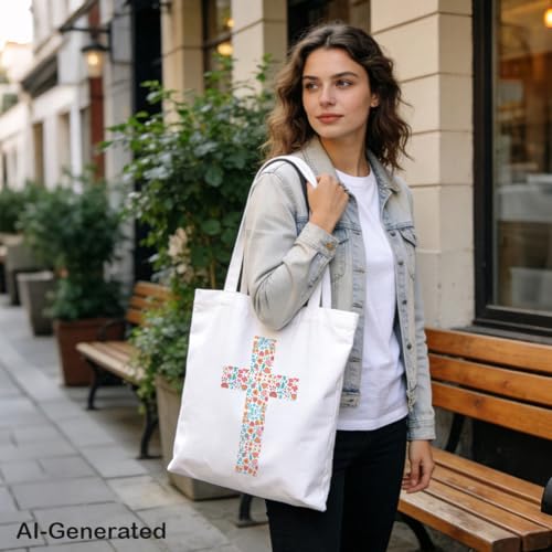 Christian Tote Bag Style 35 - Floral Cross Canvas Reusable Bag
