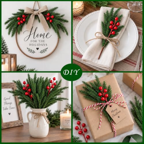 Christmas Norfolk Pine Stems with Red Berry Picks - Real Touch Greenery, 10 Pieces, Green Variation