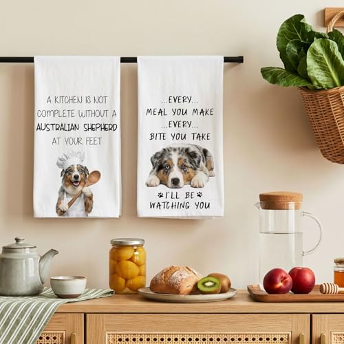 Adorable Australian Shepherd Kitchen Towels - Set of 2 Cotton Dish Towels