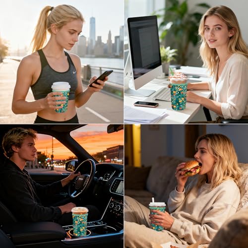 Reusable Neoprene Iced Coffee Sleeve - Green Flowers, 32 oz