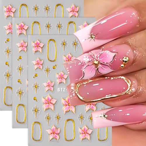 5D Embossed Flower Nail Art Stickers - Pink Lily Gold Frame Decals 3 Sheets