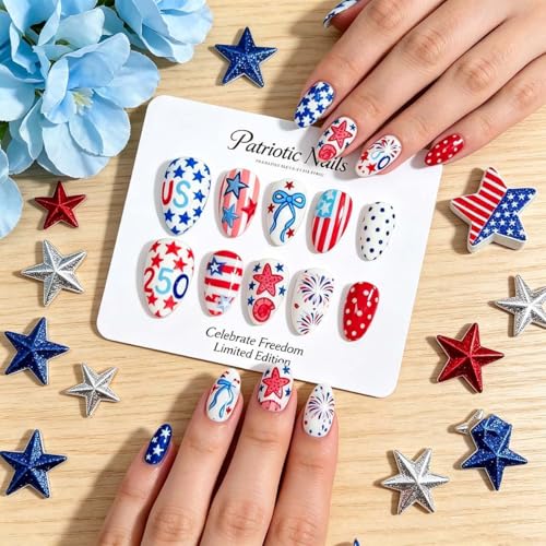4th of July Press on Nails Medium Almond USA Flag Fake Nails