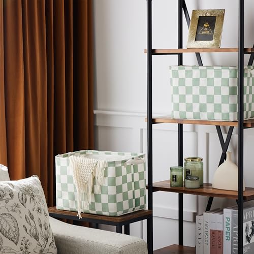 Sage Green Checkered Canvas Storage Basket - 15" x 10" x 10"