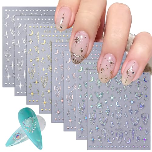 CHANGAR Moon Star Nail Stickers 8 Sheets Metallic Boho Decals