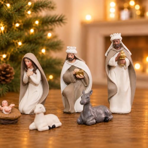 Brown Resin Nativity Set with 10 Figurines - Indoor Christmas Scene, 4.8 Inch - Variation of Brown