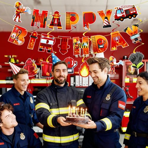 Firetruck Birthday Party Decorations Set with Banner and Hanging Swirls