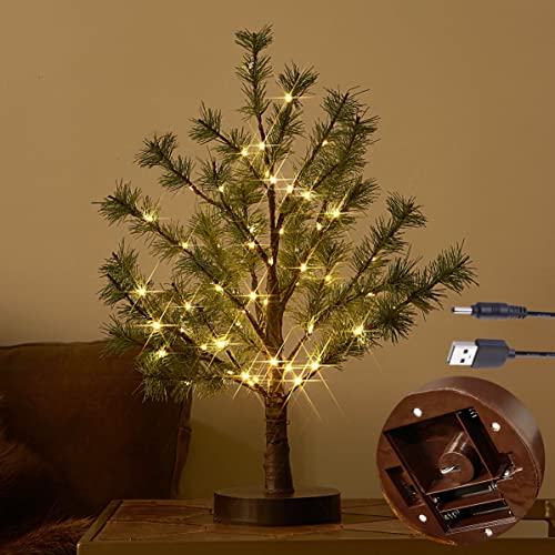 Christmas Tabletop Pine Tree Lights with Timer - Green 60 LED 18 Inch