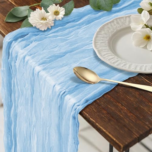 Light Blue Cheesecloth Table Runner - 10ft Boho Rustic Design