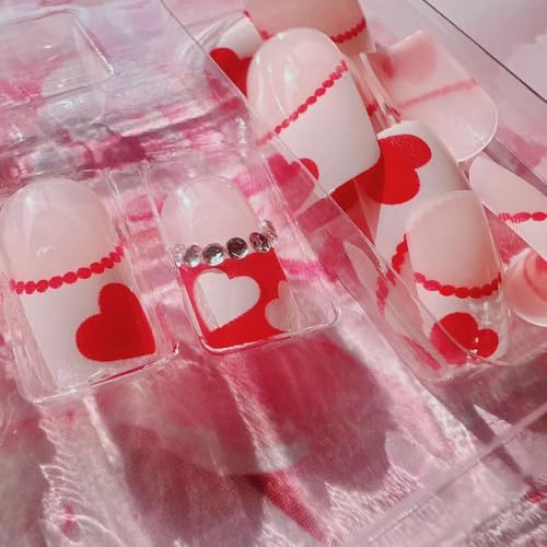 Valentine's Day Short Press On Nails Red White Heart French Fake Nails