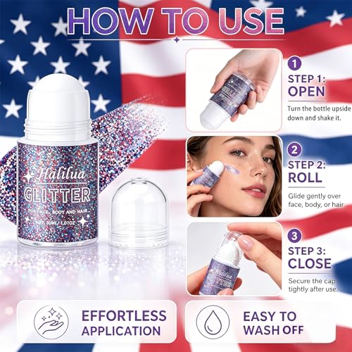 BliBling Red White and Blue Roll-On Body and Face Glitter Gel