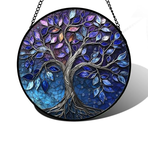 Blue Purple Tree of Life Stained Glass Window Hanging Suncatcher 9.8 Inch - Vibrant Home Decor
