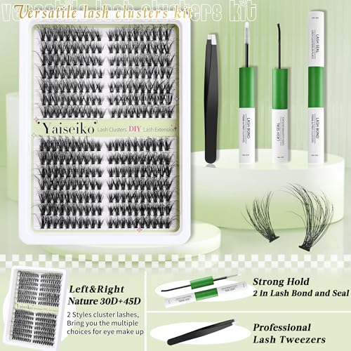 Yaiseiko DIY Lash Extension Kit - Natural 30+45D Individual Clusters, Bond, Seal & Tweezers (8-17mm)