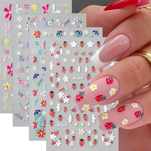 Quezadyl 5D Embossed Flower & Strawberry Nail Art Stickers - 4 Sheets Daisy Decals