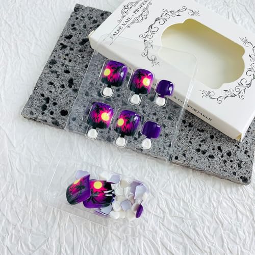 Square Press on Toenails Palm Tree Seaside Acrylic False Toe Nails