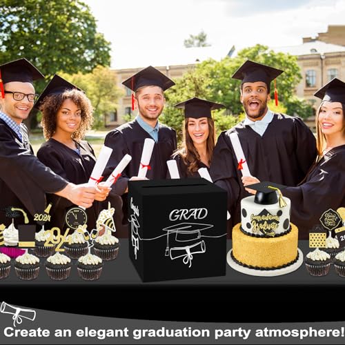 Graduation Card Box - Foldable Black & Silver Foil Design, 8.7"