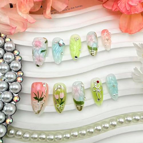 Spring Floral Press On Nails Medium Almond Butterfly Rhinestones