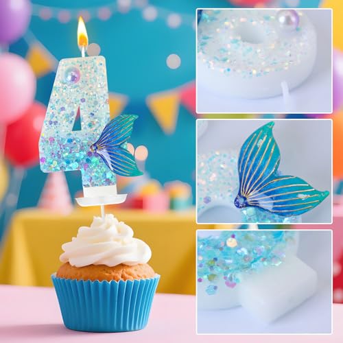 Mermaid Number 4 Candle - Blue Tail Cake Topper for Birthdays