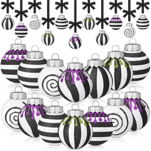24 Black and White Halloween Ball Ornaments - Gothic Christmas Decorations