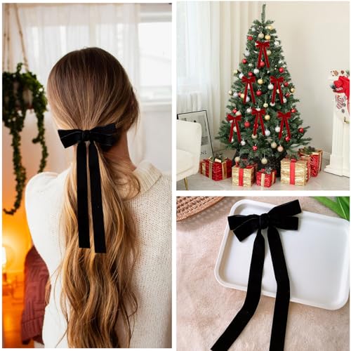 BluOcnMkt 2Pcs Velvet Hair Bow Clips with Long Tails for Women
