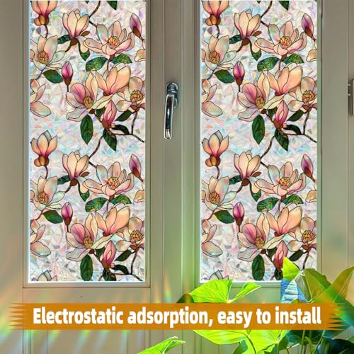 Magnolia Stained Glass Window Film - 17x39.4in Decorative Privacy Cling