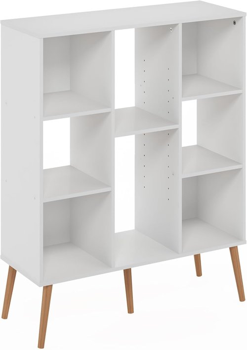 Furinno Claude Mid Century Book Shelf - 8-Cube Storage Organizer with Wood Legs | White, 10.9 x 31.5 x 39.3