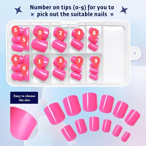 Short Press on Nails Hot Pink Square Glossy Fake Nails Kit