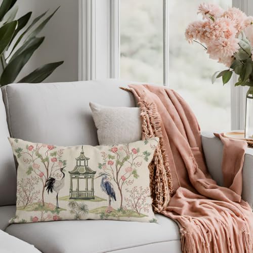 Chinoiserie Throw Pillow Cover 12x20 Inch Pink Green - PANDICORN